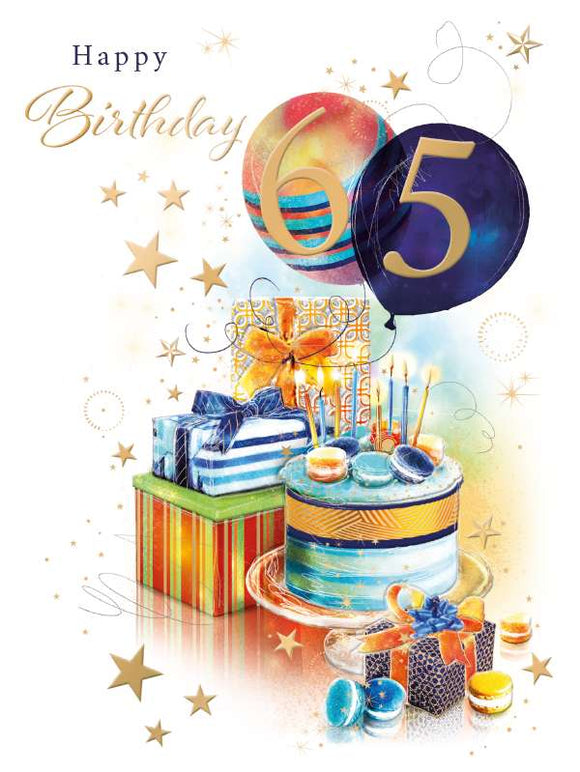A modern birthday card for a youthful 65 year old in striking colours, studded with gold stars and  gold finishing touches. The image features presents and cake, and the 6 & 5 appear on two balloons. Text reads  