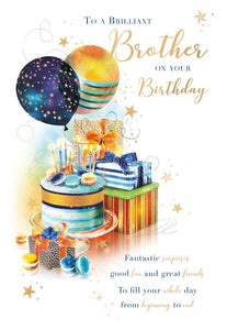 Celebrate your brother's birthday with this stunning card featuring strong colors, special words, and an image of presents and balloons. The gold stars and intricate detailing add a touch of elegance to this card.   Text begins on the cover with "To a Brilliant brother...Fantastic surprises good fun and great friends To fill you whole day from beginning to end."