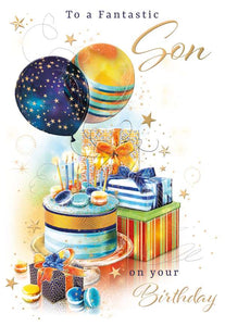Celebrate your Son's birthday with this stunning card featuring strong colors and an image of presents and balloons. The gold stars and intricate detailing add a touch of elegance to this card.  Text reads "To a Fantastic Son...on your Birthday"