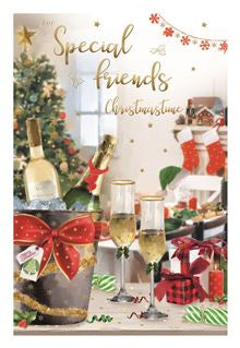 This Christmas card for Special Friends suggests a celebratory bottle of champers to mark the festive occasion.  Two glasses of fizz sit amongst presents and decorations.  Text on the front of the card reads 