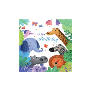 This cute little card is just right for a small child's birthday and features a friendly looking assortment of jungle animals. 