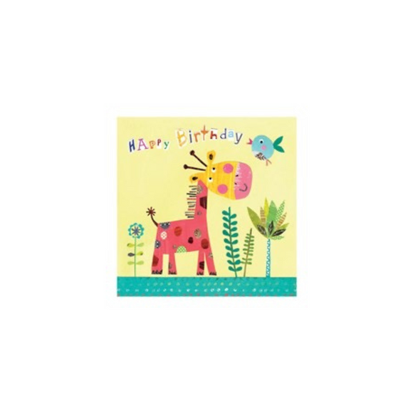 This cute little card is just right for a small child's birthday and features a friendly looking cartoon giraffe and bird...   Greeting inside: