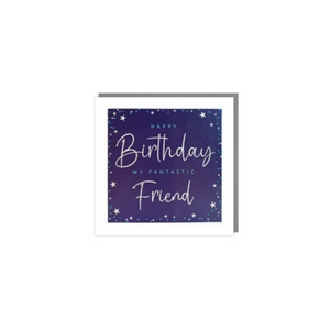 At last , a card for a man than is not sports , cars or beer! This striking card has a deep blue background and the words in blue and silver glitter "Happy birthday My fantastic friend" all set in a white frame