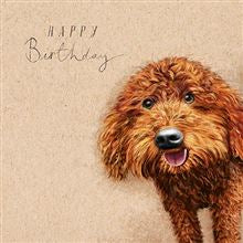 For animal lovers of all kinds this range of Birthday cards features all kinds of animals. This one has a lovely sketch of an inquisitive cockapoo dog against a parchment coloured background. The text on the front of the card reads "Happy Birthday".