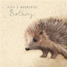For animal lovers of all kinds this range of Birthday cards features all kinds of furry friends. This one has a lovely sketch of the cutest hedgehog, set against a parchment coloured background. The text on the front of the card reads "Have a wonderful Birthday".