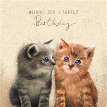 For animal lovers of all kinds this range of Birthday cards features all kinds of furry friends. This one has a lovely sketch of two cute kittens, one grey and one tabby cat, set against a parchment coloured background. The text on the front of the card reads "Wishing you a lovely Birthday".