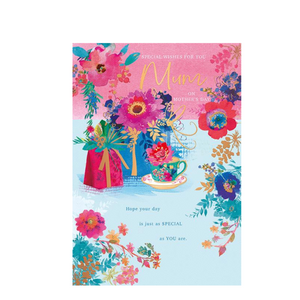 <p>Part of a sumptuous, glitzy range, this Mother's day card has an extravagant look with deeply coloured images and gold detail.&nbsp; Flowers, gifts and a teacup stand out against a two toned background and text reads "Special Wishes for you Mum on Mother's Day...Hope your day is just as special as you are..."</p> <div style="text-align: center;"></div>