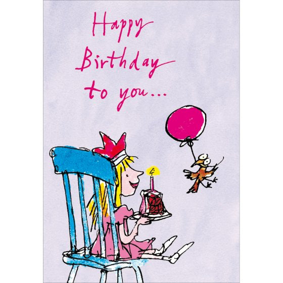 This cute birthday card shows a young girl sitting on a chair with a piece of birthday cake, looking at a bird with a balloon. Bright pink text on the front of the card reads 