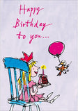 This cute birthday card shows a young girl sitting on a chair with a piece of birthday cake, looking at a bird with a balloon. Bright pink text on the front of the card reads "Happy Birthday to you...."  Fantastic, bright and witty childrens Birthday card featuring the artwork of Quentin Blake. Blake's illustrations are instantly recognisable and loved by all due to his long association with the stories of Roald Dahl. 