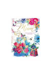 Part of a sumptuous, glitzy range this Mother's day card has an extravagant look with deeply coloured images and gold detail.&nbsp; Flowers, and presents are surrounded by heavy blooms&nbsp; and text reads "For you Mum Happy Mother's day with love"