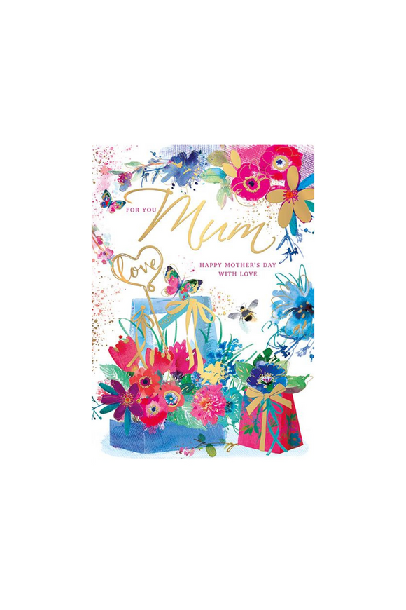 Part of a sumptuous, glitzy range this Mother's day card has an extravagant look with deeply coloured images and gold detail.  Flowers, and presents are surrounded by heavy blooms  and text reads 