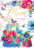 Part of a sumptuous, glitzy range this Mother's day card has an extravagant look with deeply coloured images and gold detail.&nbsp; Flowers, and presents are surrounded by heavy blooms&nbsp; and text reads "For you Mum Happy Mother's day with love"