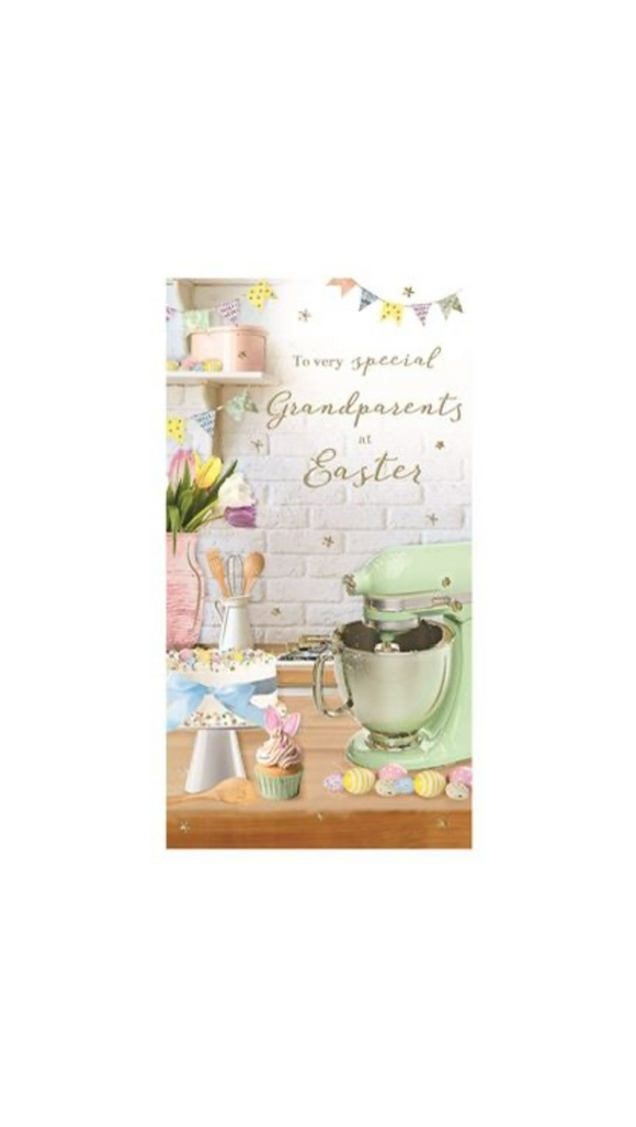 This lovely illustration shows a mixer and all things necessary for Easter baking. Gold text on the front of the card reads 