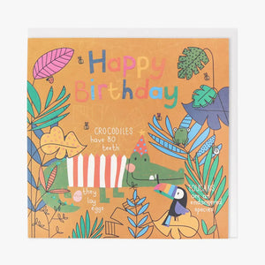A fun birthday card for a boy or girl interested in the&nbsp; natural the world around them. Centre stage is a crocodile with interesting facts about them and a scattering of bugs and insects.&nbsp;