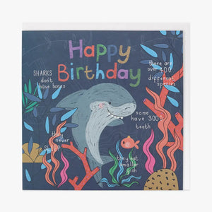 A fun birthday card for a boy or girl interested in the&nbsp; natural the world around them. Centre stage is a shark with interesting facts about them and a scattering of underwater seaplants