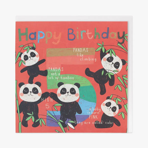 A great birthday card for a 5 year old with an interest in the natural world. Centrepiece is a large colourful no.5 surrounded by 5 pandas, and with interesting facts about them.