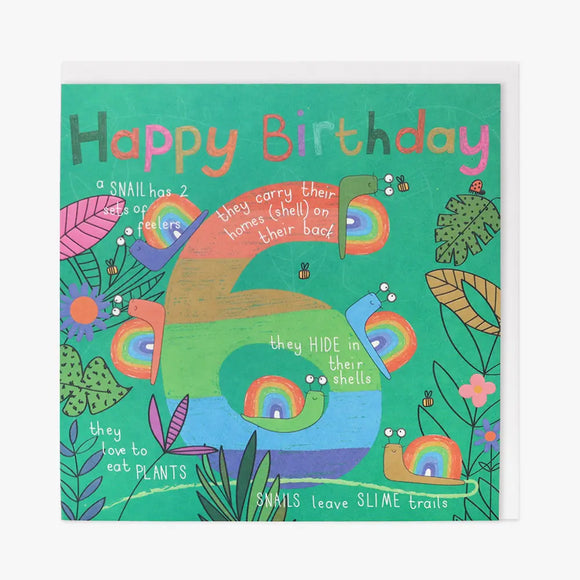 A great card for a bug loving 6 year old. Centrepiece  is a large colourful  no. 6 surrounded by cheerful looking snails, with interesting facts about them.