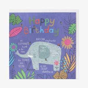 A fun birthday card for a boy or girl interested in the&nbsp; natural the world around them. Centre stage is an elephant with interesting facts about them and a scattering of bugs and insects.&nbsp;