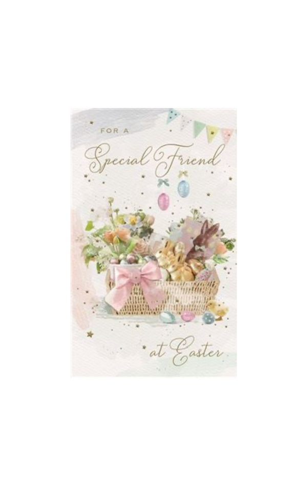 This lovely easter card for a special friend is decorated with a basket filled with Easter flowers and chocolates. Gold text on the front of the card reads 