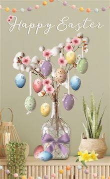 A pack of Easter cards decorated with colourful eggs hanging from branches in a vase. 