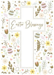 Small eggs and blooms in pastel colours and gold trims surround a simple white cross that says 