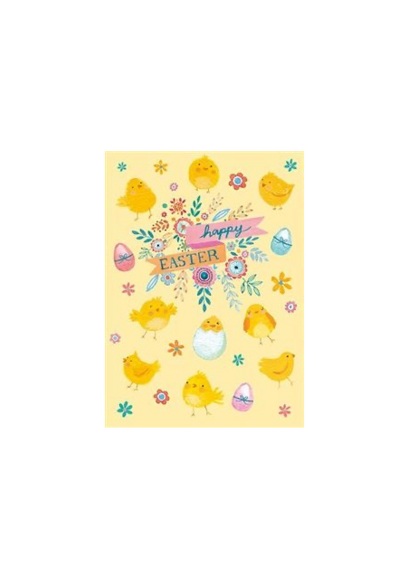 This sweet Easter card is decorated sketches of easter chicks and patterned easter eggs surrounding text that reads 