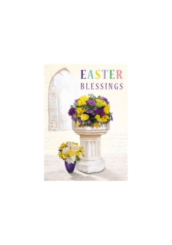 This lovely Easter card is decorated with a font filled with yellow and purple flowers against a background of a church window. Text reads 
