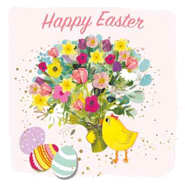 Who doesn't love a cute chick at Eastertime! Celebrate new life in spring with this pack of 4 Easter cards. A cute chick holds a bouquet of flowers.