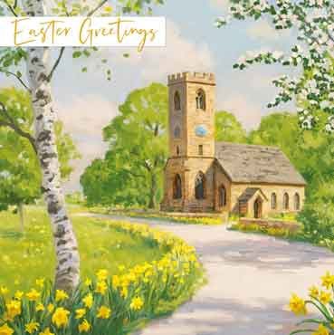Celebrate Easter with this pack of 4 Easter cards with an illustration of a country church with a pathway lined with daffodils.