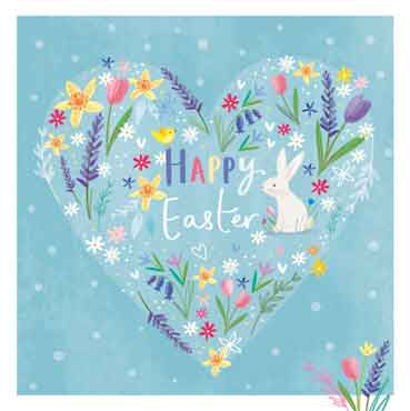 The beautiful colours of spring can really life the spirits as does the heart shaped design filled with Easter blooms and a white rabbit on this pack of 4 Easter cards.