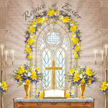 Yellow daffodils and purple crocuses surround an altar and church window in celebration of the colours of spring in this pack of 4 Easter cards.
