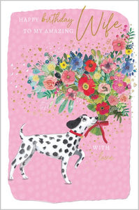 Wife, Dalmatian with flowers - birthday card
