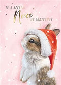 Niece, bunny with Santa hat - Christmas card