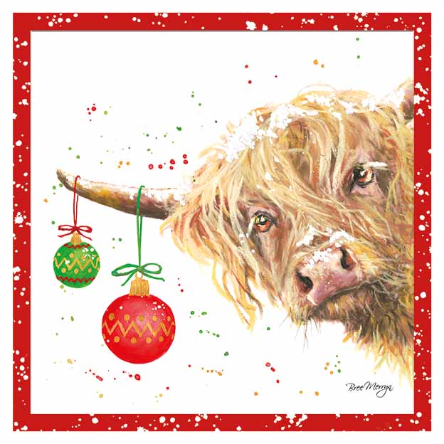 Highland cow with  baubles -Bree Merryn Christmas card