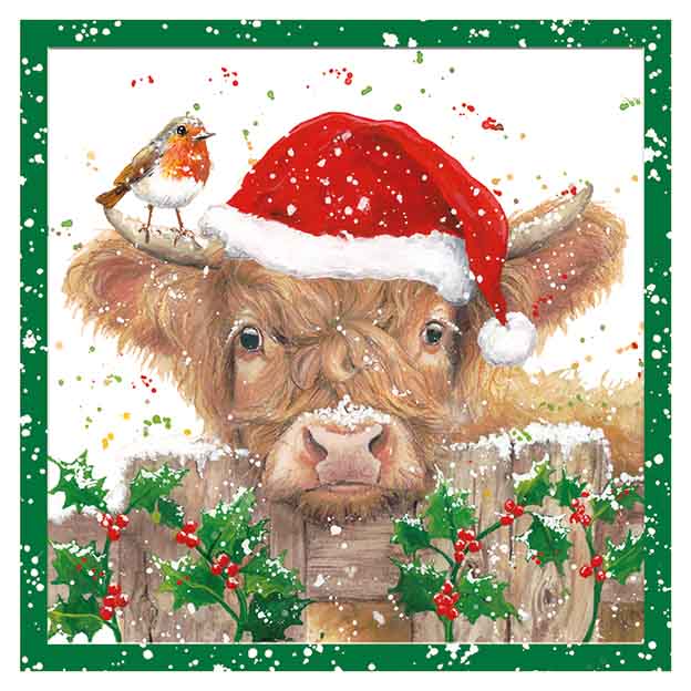 Highland cow with Santa hat -Bree Merryn Christmas card