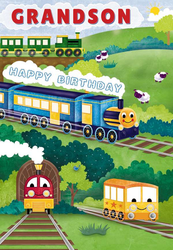 Grandson , cartoon trains Birthday card