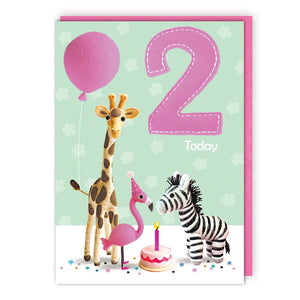 Giraffe, flamingo & zebra- 2nd  Birthday card