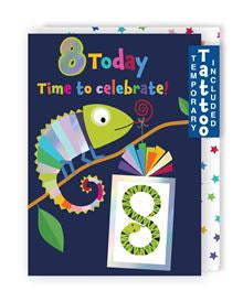 Chameleon with temporary  tattoo - 8th Birthday card