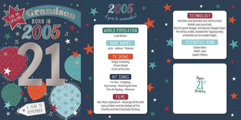Grandson, Born in 2005 -  21st birthday card