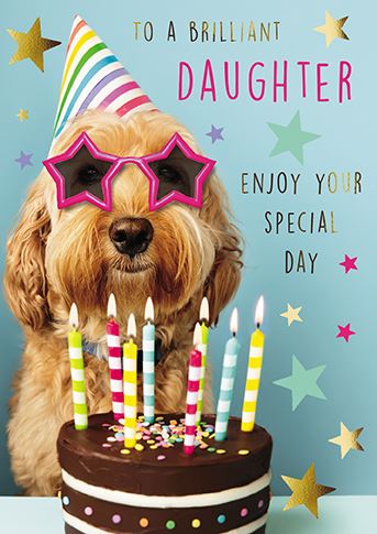 Daughter, dog with cake - Birthday Card