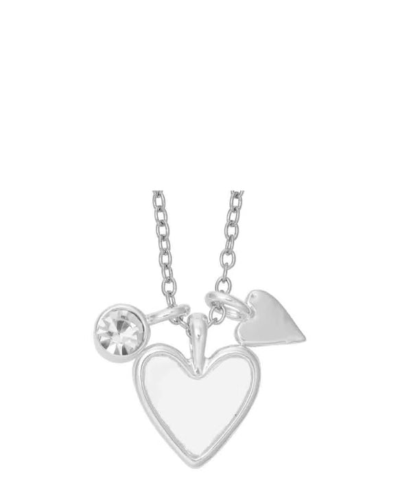 New from Indulgence Jewellery, this elegant rhodium plated necklace features two hearts and a clear gem on a chain. This necklace is perfect for adding a touch of movie star glamour to any outfit.