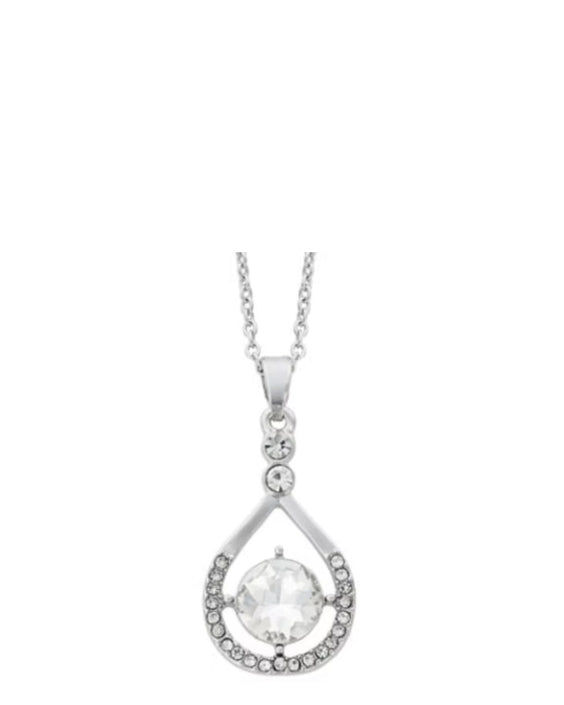 New from Indulgence Jewellery, this elegant rhodium necklace features a timeless design of a tear-drop pendant with a sparkling crystal at the centre. Two smaller crystals sit at the top of the tear with a ring of tiny crystals at the bottom. 