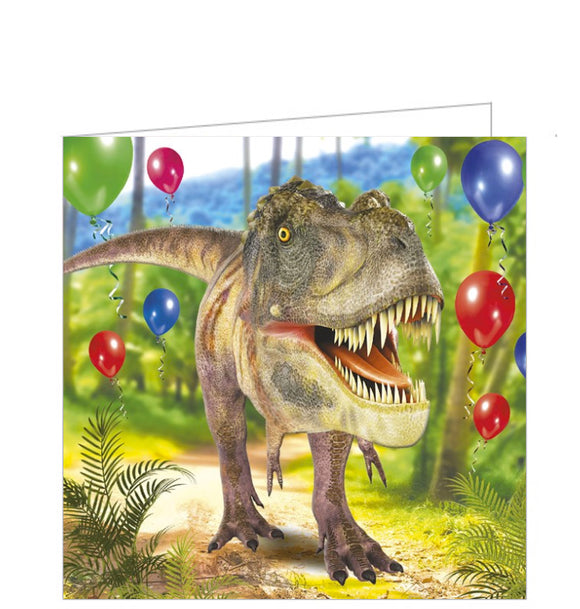 This cute little card is just right for a child's birthday and features a rather friendly looking dinosaur surrounded by balloons. 