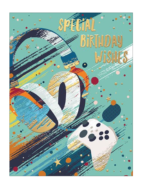 Busy, bright and blingy this colourful birthday card features a jazzy pair of headphones and a video game controller. Gold text on the front of the card reads 