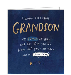 This beautiful, birthday card for a grandson is decorated with a moody-blue watercolour-style background. White and gold handwriting style text on the card reads "Happy Birthday Grandson so proud of you and all that you do, hope all your birthday wishes come true!"