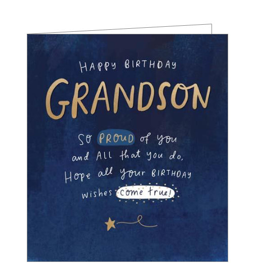 This beautiful, birthday card for a grandson is decorated with a moody-blue watercolour-style background. White and gold handwriting style text on the card reads 
