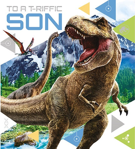 This Jurassic World licensed birthday card for a special son features a roaring t-rex. The text on the front of the birthday card reads 