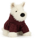 A official Jellycat (jelly cat) winter & Christmas 2026 cute white Scottie dog called Munro plush cuddly toy in burgandy cable knit woolly jumper