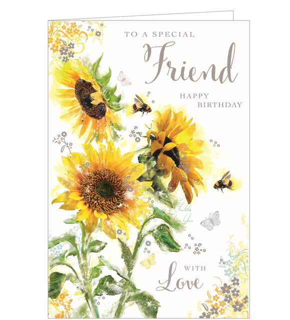 This lovely birthday card for a special friend is decorated with an illustration of bumble bees gathering nectar from bright yellow sunflowers. Silver text on the front of this birthday card reads 