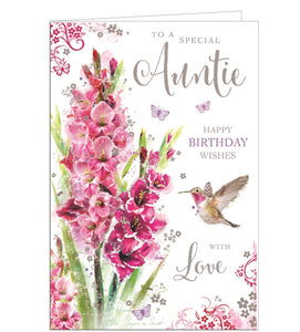 This lovely birthday card for a special auntie is decorated with a glittery illustration of a pink-throated hummingbird fluttering around a spray of tall, pink flowers. Silver text on the front of this birthday card reads "To a special Auntie...Happy Birthday Wishes...with love".
